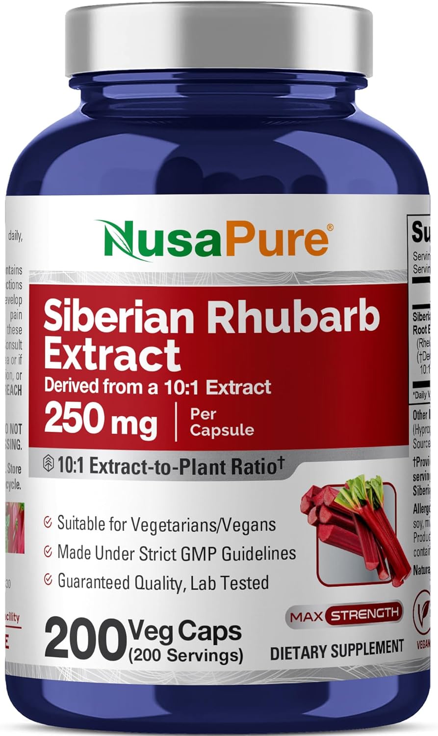 NusaPure Ruibarbo Siberiano, 250 mg, 200 Cápsulas Veganas (No OGM, Vegano)