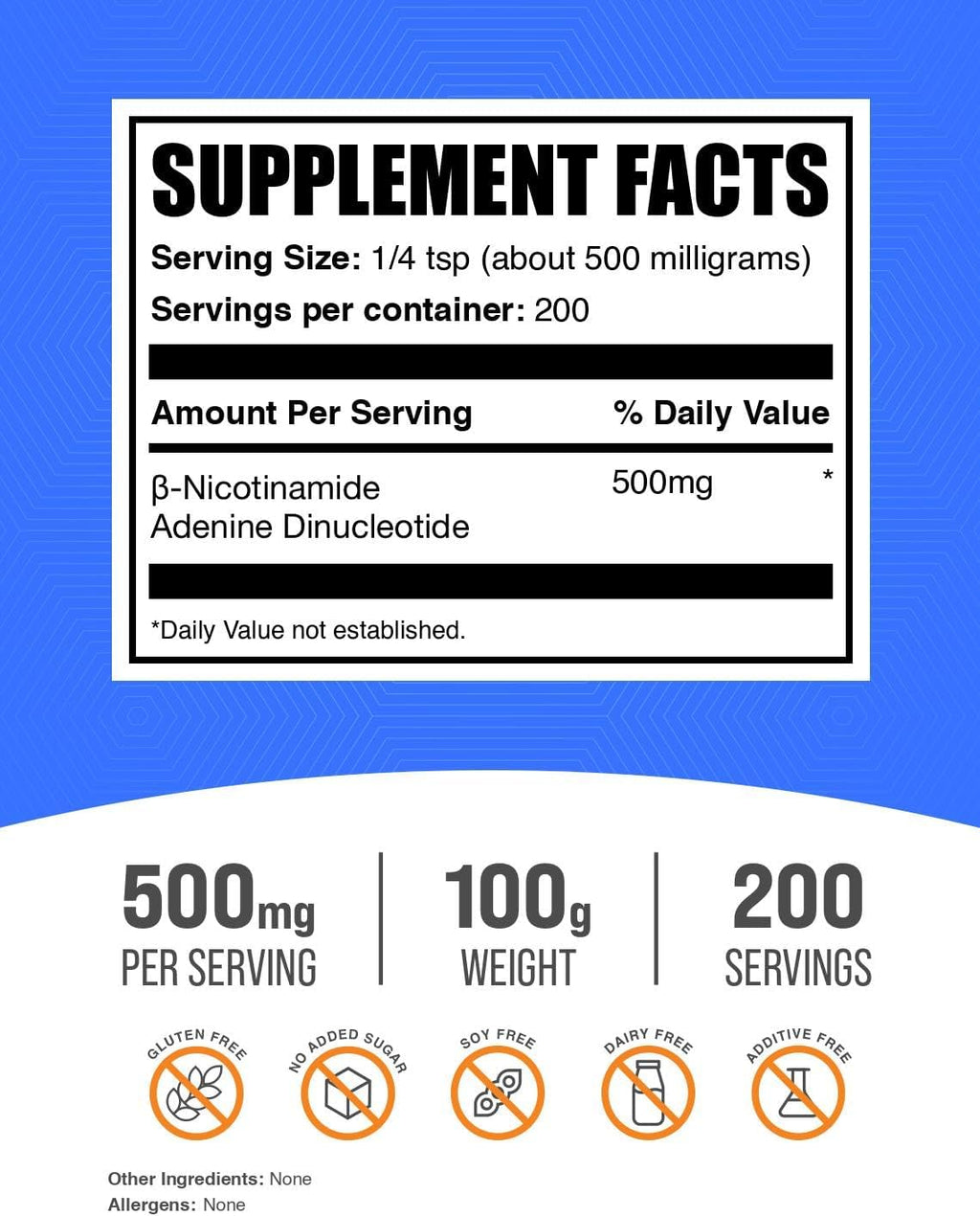 BulkSupplements.com NAD Powder - Nicotinamida Adenina Dinucleótido, 500mg por ración, 100g (3.5 oz)