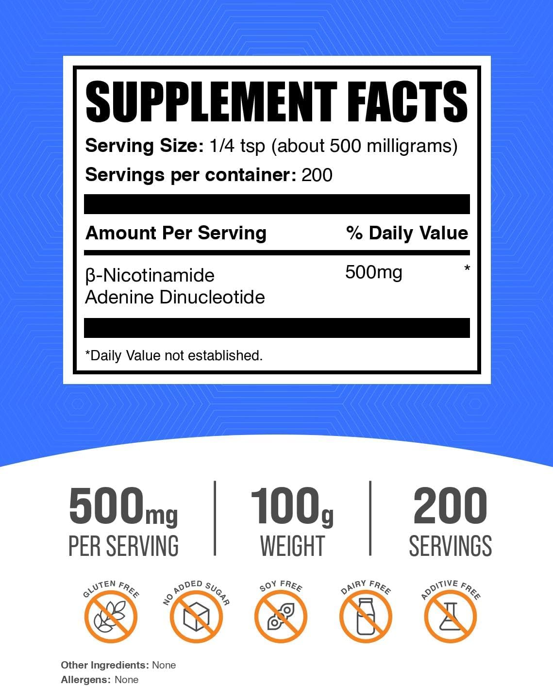 BulkSupplements.com NAD Powder - Nicotinamida Adenina Dinucleótido, 500mg por ración, 100g (3.5 oz)