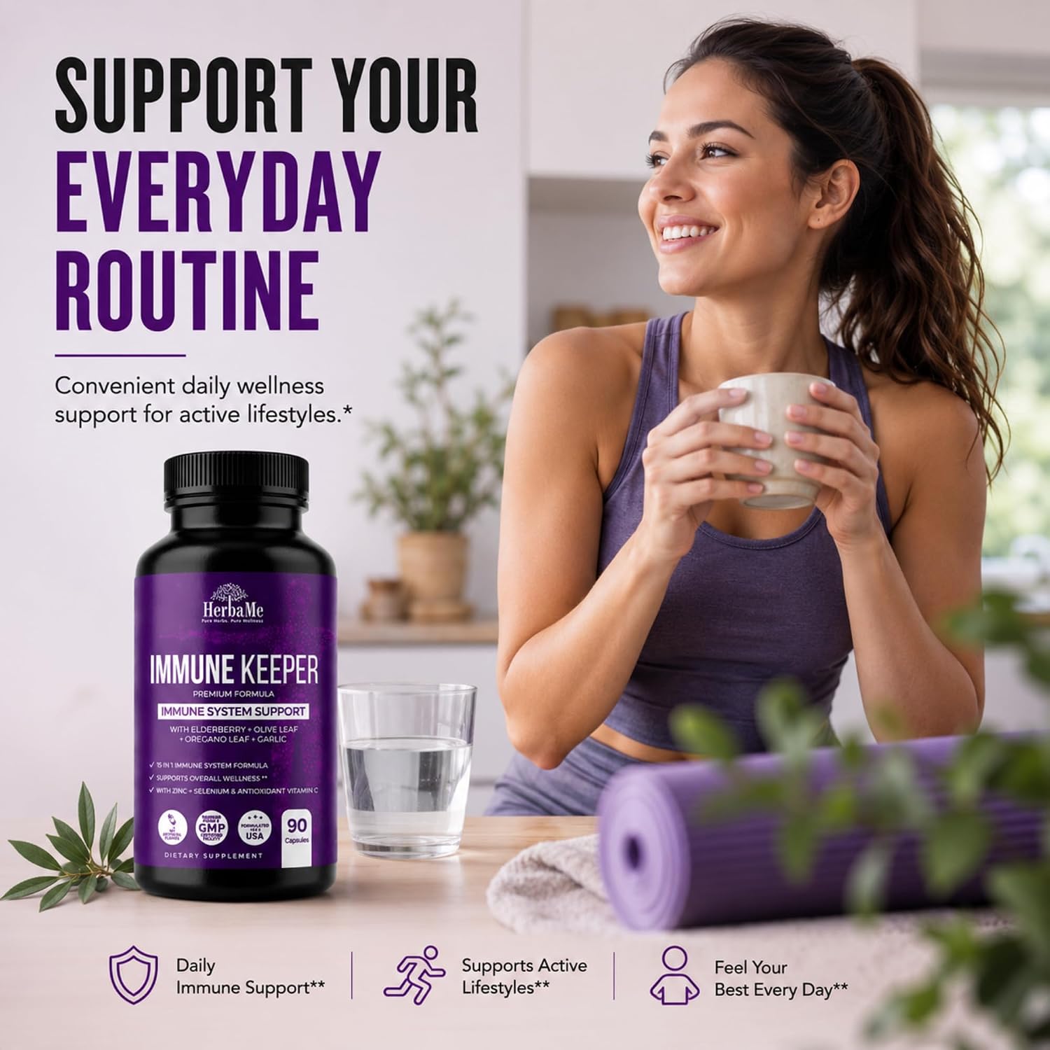 HerbaMe Immune Support – Fórmula de Bienestar Diario 15 en 1 con Saúco, Quercetina, Zinc, Vitamina C y Selenio