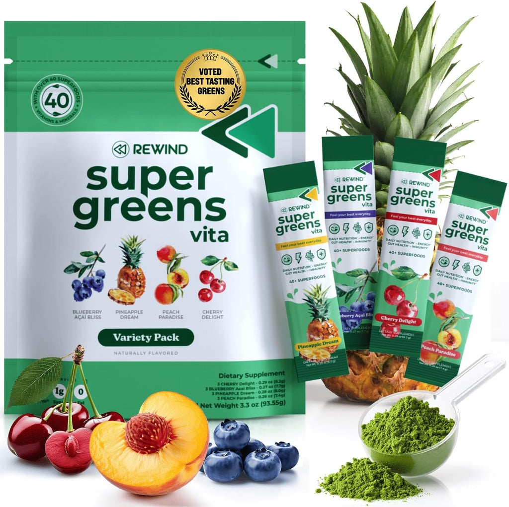 Rewind Best Tasting Super Greens Powder - Sabor Melocotón - 40+ Superalimentos con Vitaminas y Minerales