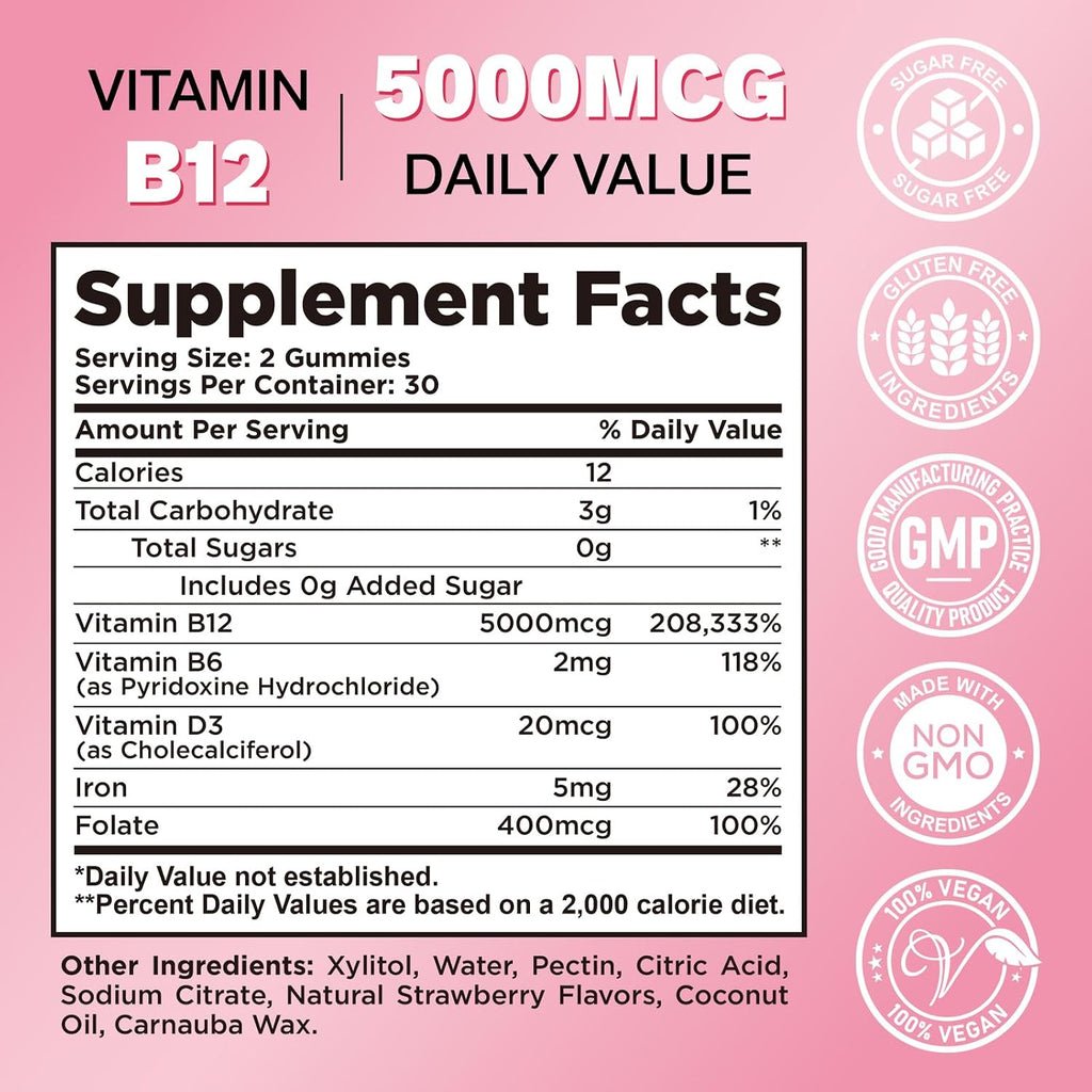 Gominolas de Vitamina B12 5000 mcg (Metilcobalamina) con B6, D3, Hierro y Folato - Sin Azúcar - Sabor Fresa