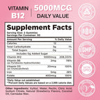 Gominolas de Vitamina B12 5000 mcg (Metilcobalamina) con B6, D3, Hierro y Folato - Sin Azúcar - Sabor Fresa