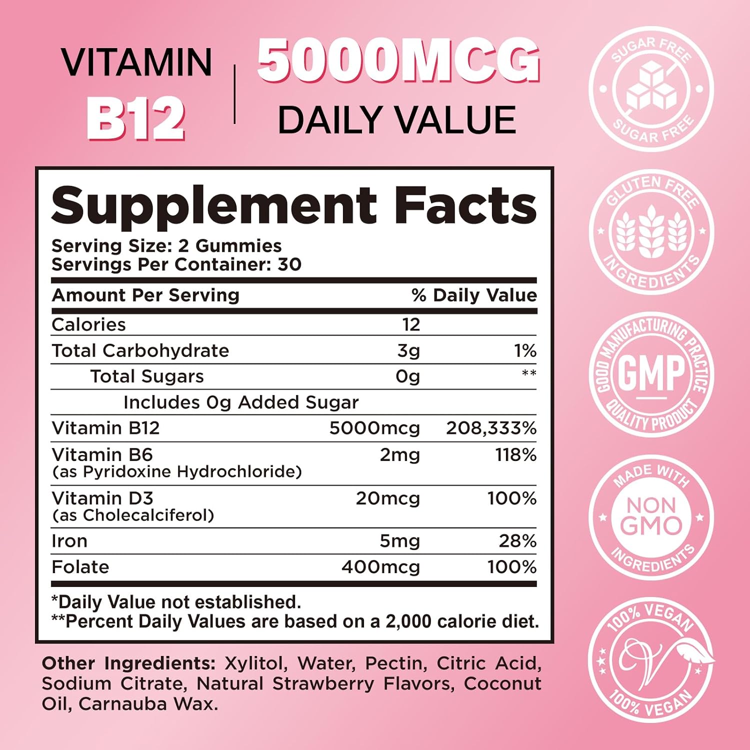 Gominolas de Vitamina B12 5000 mcg (Metilcobalamina) con B6, D3, Hierro y Folato - Sin Azúcar - Sabor Fresa