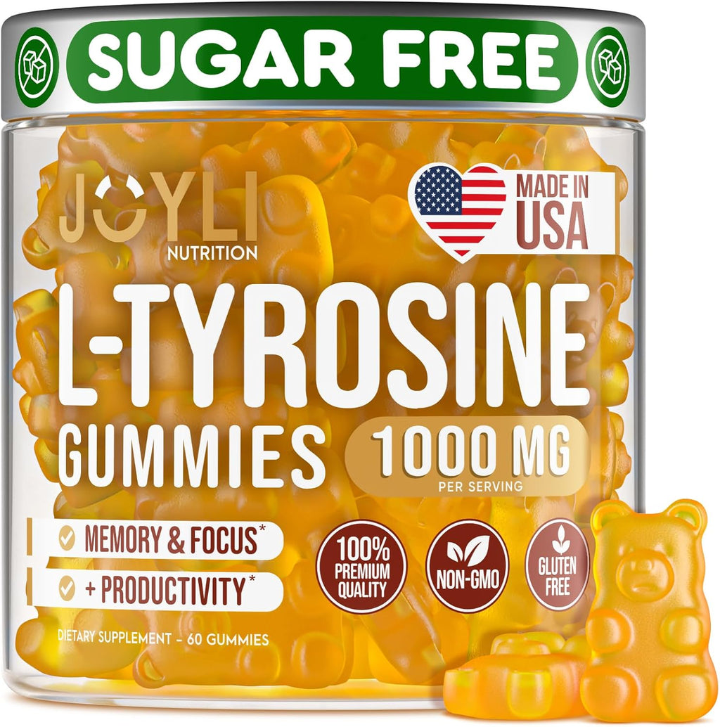 Joyli L-Tirosina Gominolas 1000 mg - Complemento de L-Tirosina para Calma y Concentración - 500 mg por Gominola - Vegano, Sin Gluten