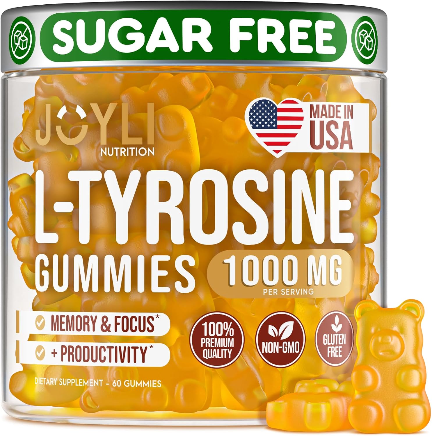Joyli L-Tirosina Gominolas 1000 mg - Complemento de L-Tirosina para Calma y Concentración - 500 mg por Gominola - Vegano, Sin Gluten