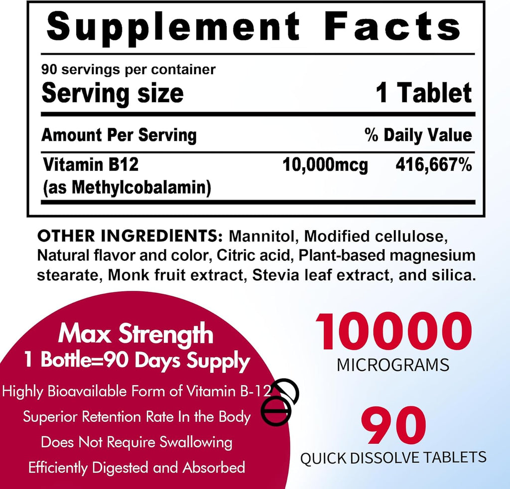 Nextdia Vitamina B12 10.000 mcg Metilcobalamina Sublingual - 180 Comprimidos Sabor Fresa