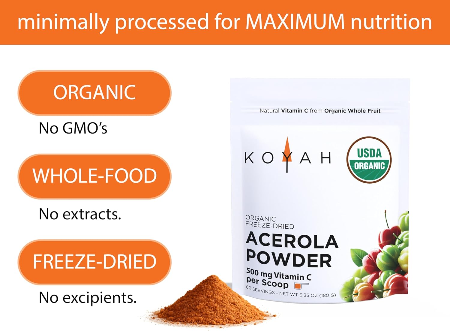 KOYAH Polvo de Acerola Orgánica Liofilizada - Vitamina C Natural, 60 Raciones