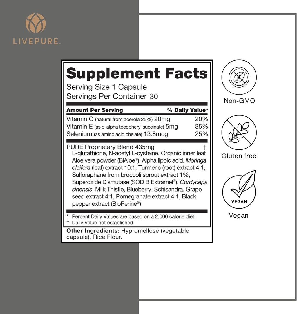 PURE PurXcel Suplemento Antioxidante | 30 Cápsulas | con Glutatión y Superóxido Dismutasa