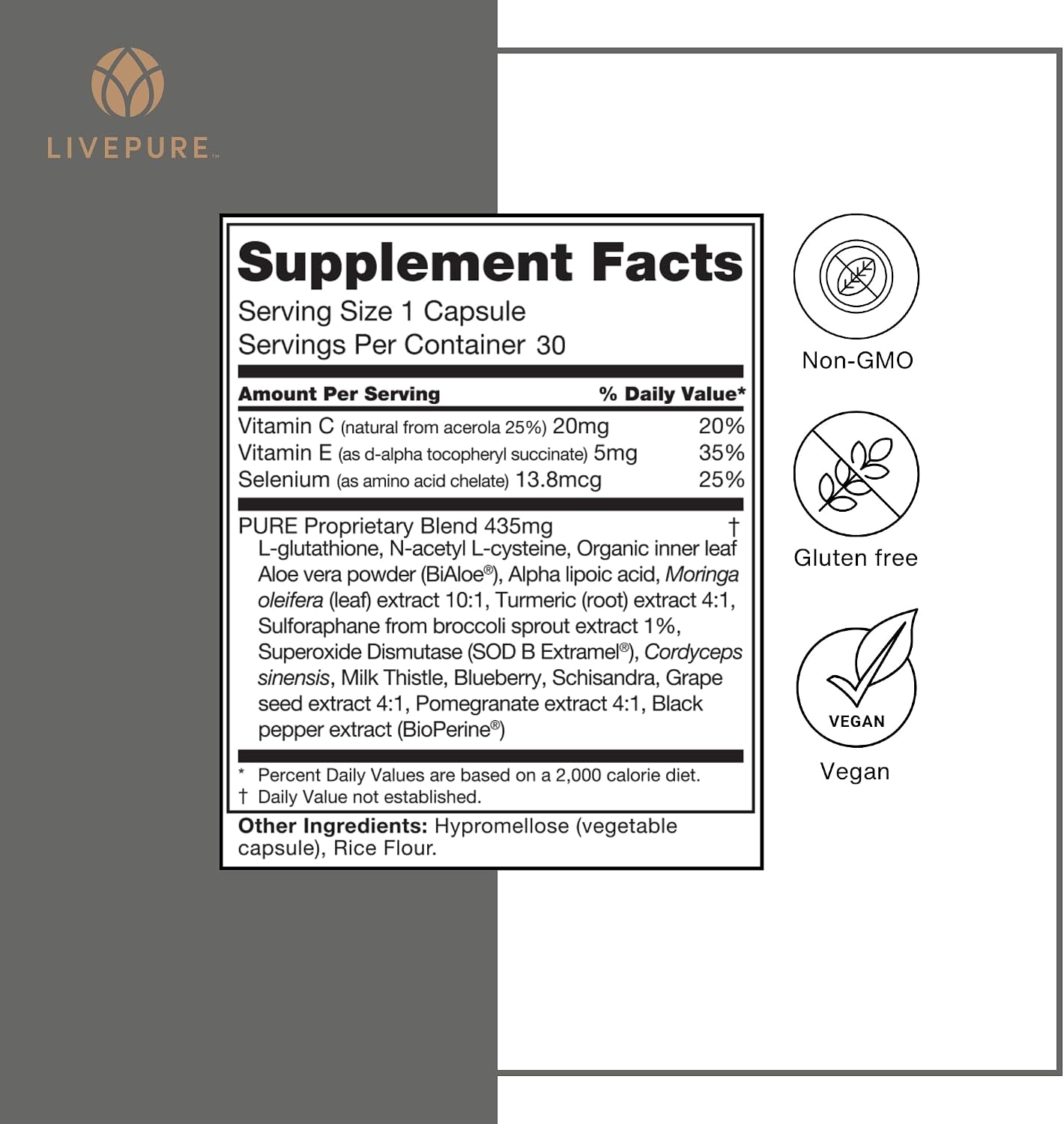 PURE PurXcel Suplemento Antioxidante | 30 Cápsulas | con Glutatión y Superóxido Dismutasa