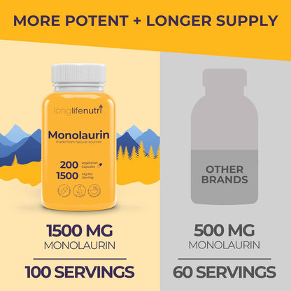 LongLifeNutri Monolaurin 1500mg - 200 Cápsulas Vegetarianas - Complemento de Glicerol de Coco Ecológico – Image 3