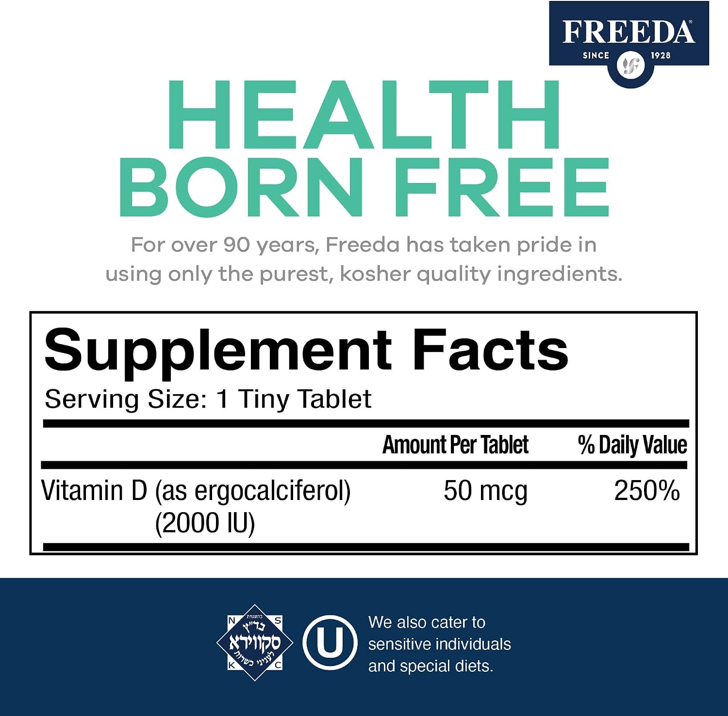 FREEDA Vitamina D2 2000 UI – Ergocalciferol Vegano para Huesos e Inmunidad – 100 Comprimidos Pequeños
