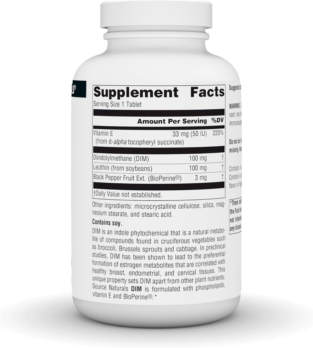 Source Naturals DIM, Diindolylmethane 100 mg con BioPerine y Vitamina E - 180 Comprimidos