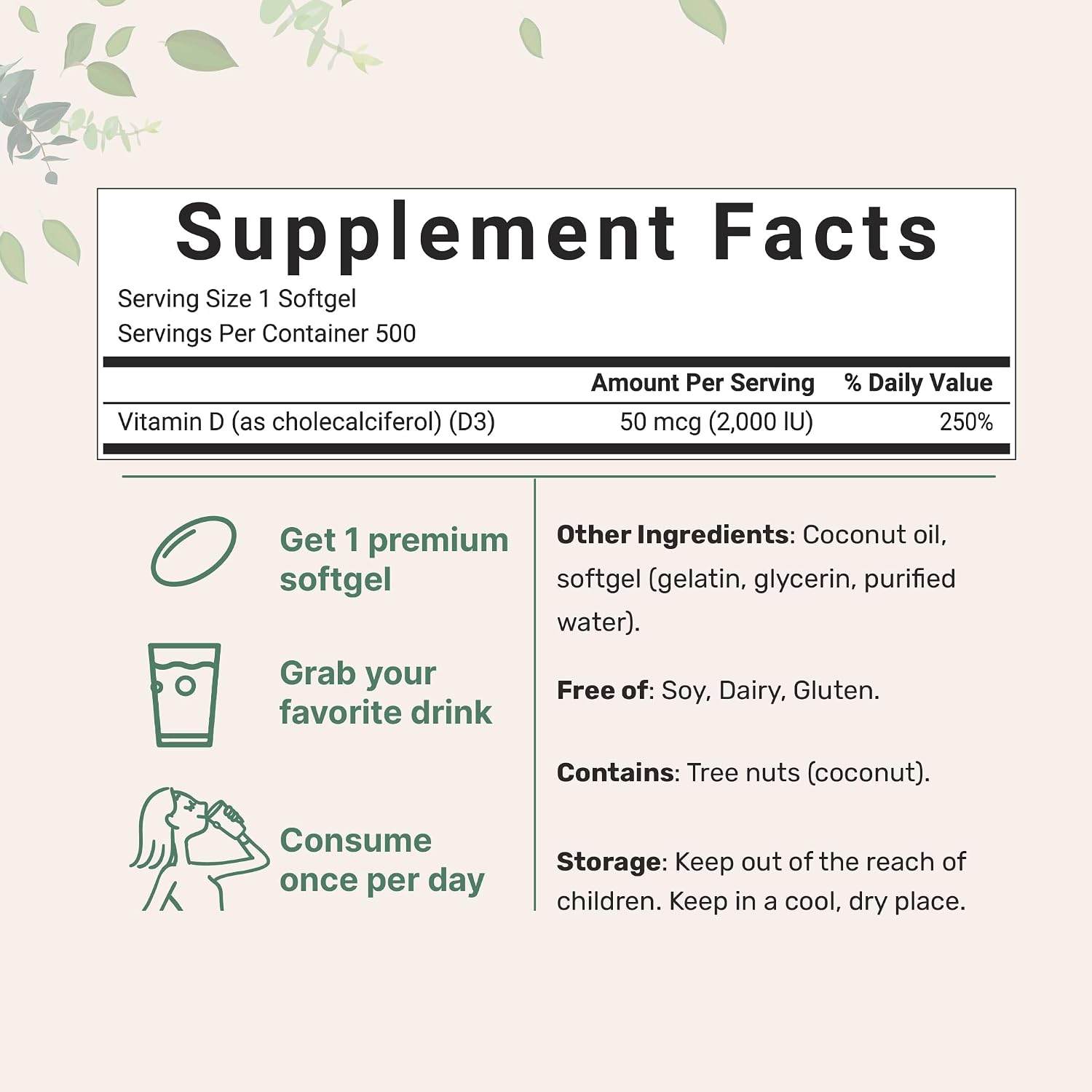 Micro Ingredients Vitamina D3 2000 UI, 500 Softgels con Aceite de Coco Virgen | Colecalciferol | No-GMO
