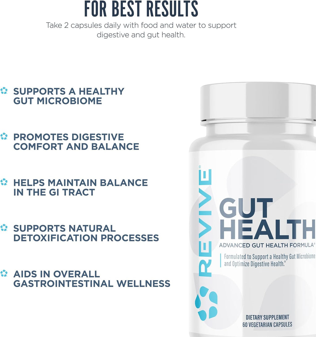 Revive MD Gut Health+ – Suplemento para la Salud Digestiva con Tomillo, Orégano y Cardo Mariano – Vegano, Sin Gluten (60 Cápsulas)