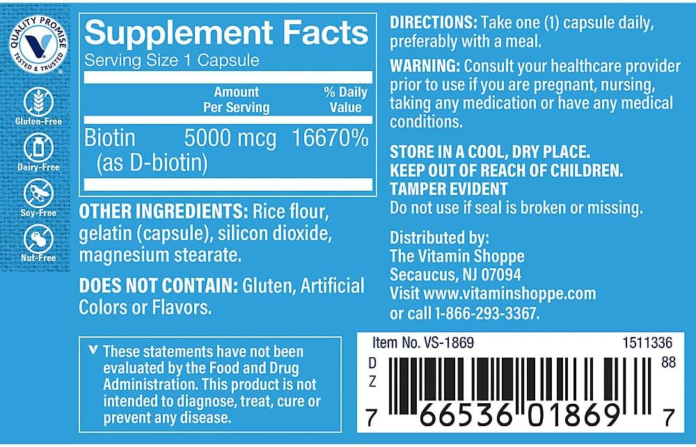 The Vitamin Shoppe Biotina 5.000 mcg - Apoyo para el cabello, piel y uñas, vitamina B de alta potencia (120 cápsulas)