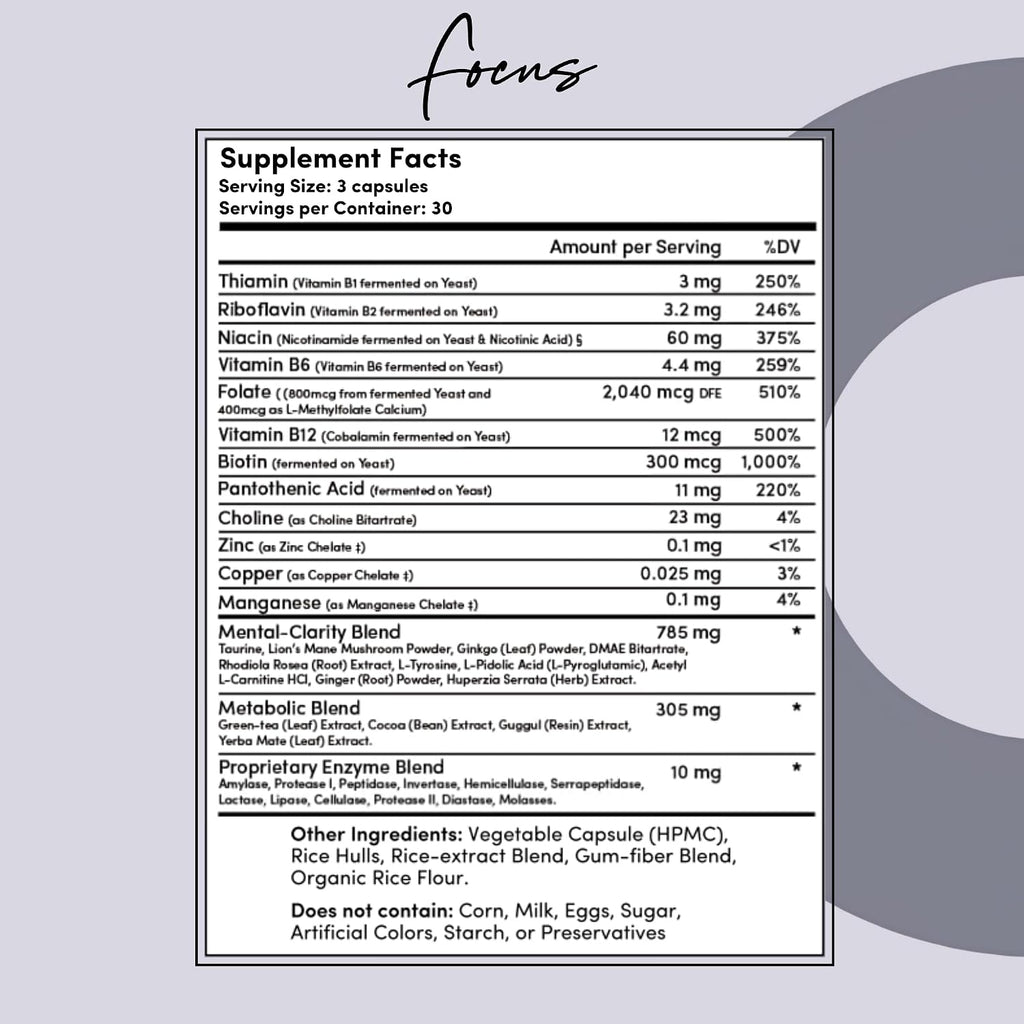 Tranont Focus Complejo B - Claridad Mental, Energía y Salud Inmunológica con Lion's Mane y Té Verde - Vegano, Sin Gluten - 90 Cápsulas