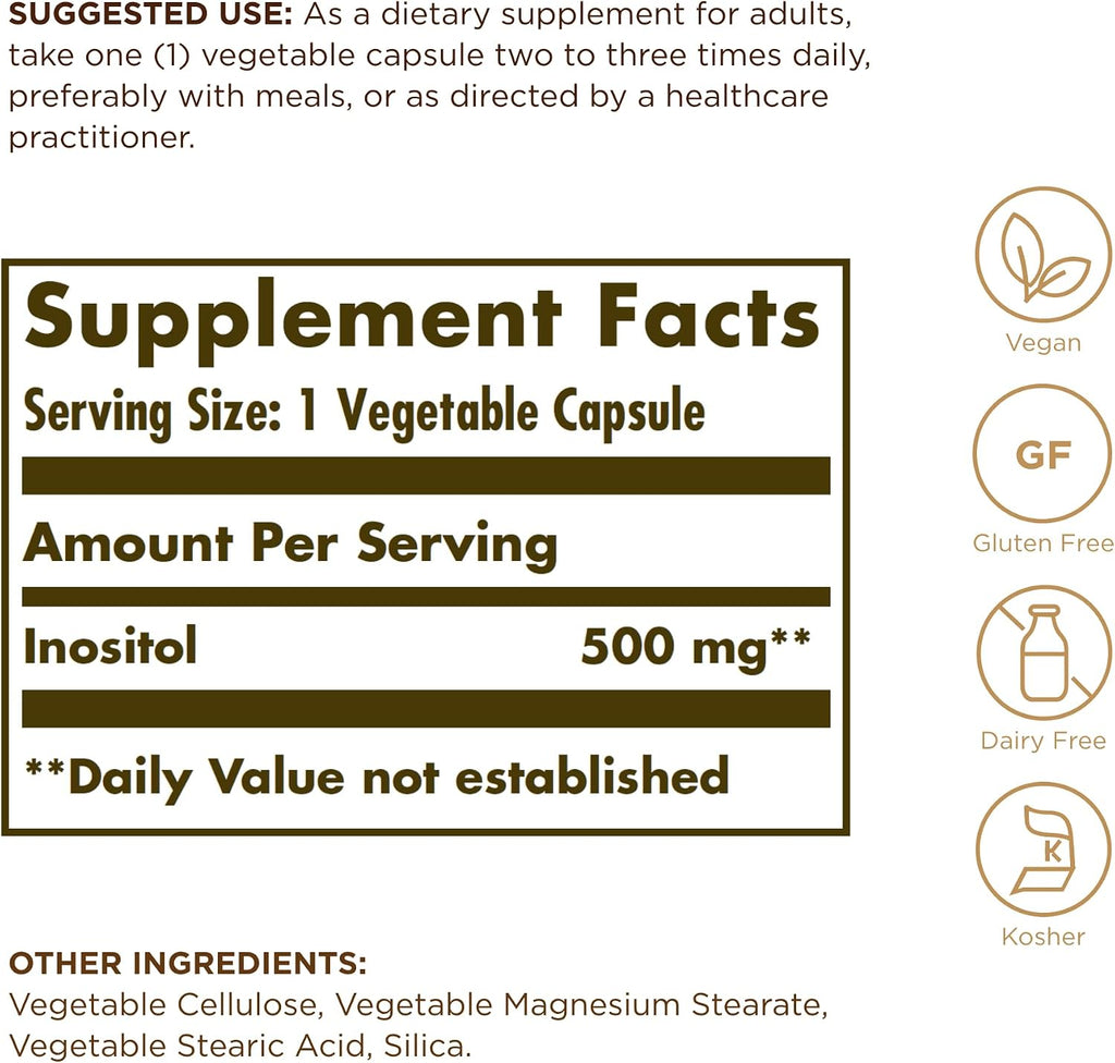 Solgar Inositol 500 mg - 100 Cápsulas Vegetales - Apoyo Celular y Salud Cerebral - Vegano, Sin Gluten, Sin Lácteos, Kosher