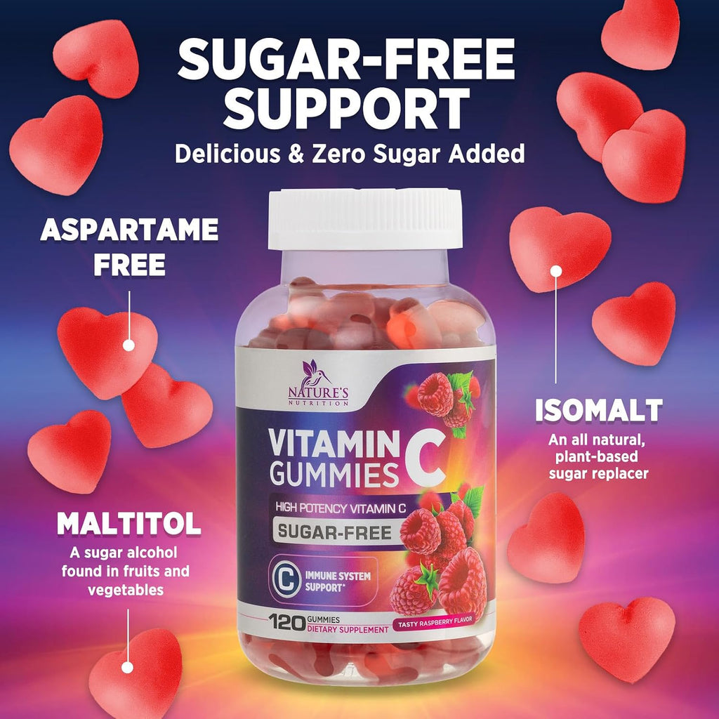 Gominolas de Vitamina C Sin Azúcar - Apoyo Inmune y Antioxidante - Vegano, Sin Gluten - Sabor Frambuesa - 120 Gominolas