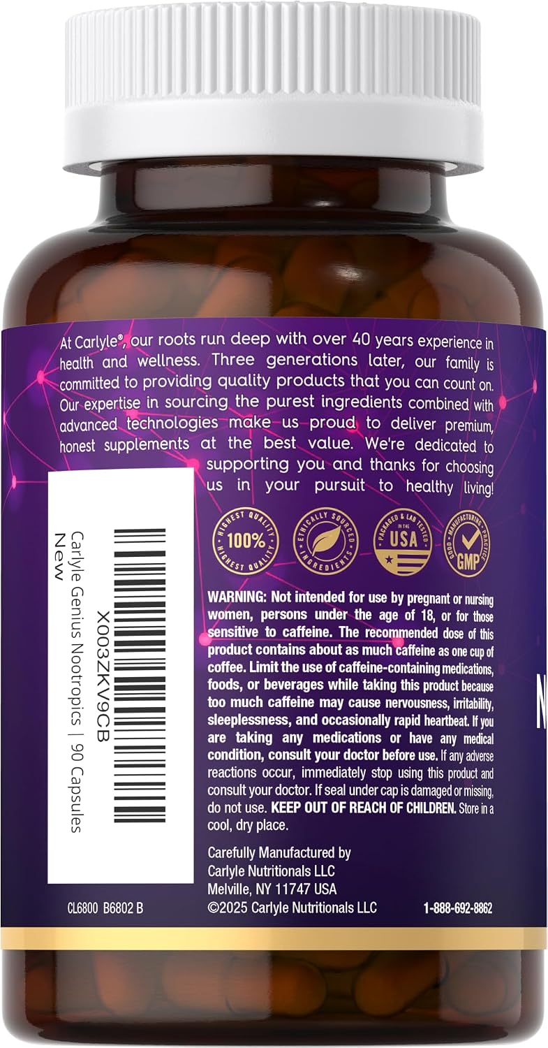 Carlyle Brain Nootropic Supplement | 90 Cápsulas | con Cafeína, B12 y Extracto de Guaraná | No-GMO y Sin Gluten
