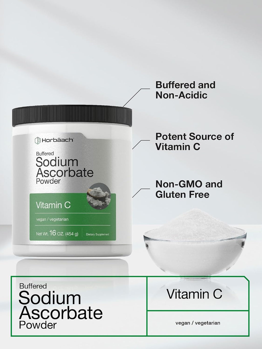 Horbäach Buffered Sodium Ascorbate Vitamin C Powder | 454 g (16 oz) | Vegano, No-GMO, Sin Gluten