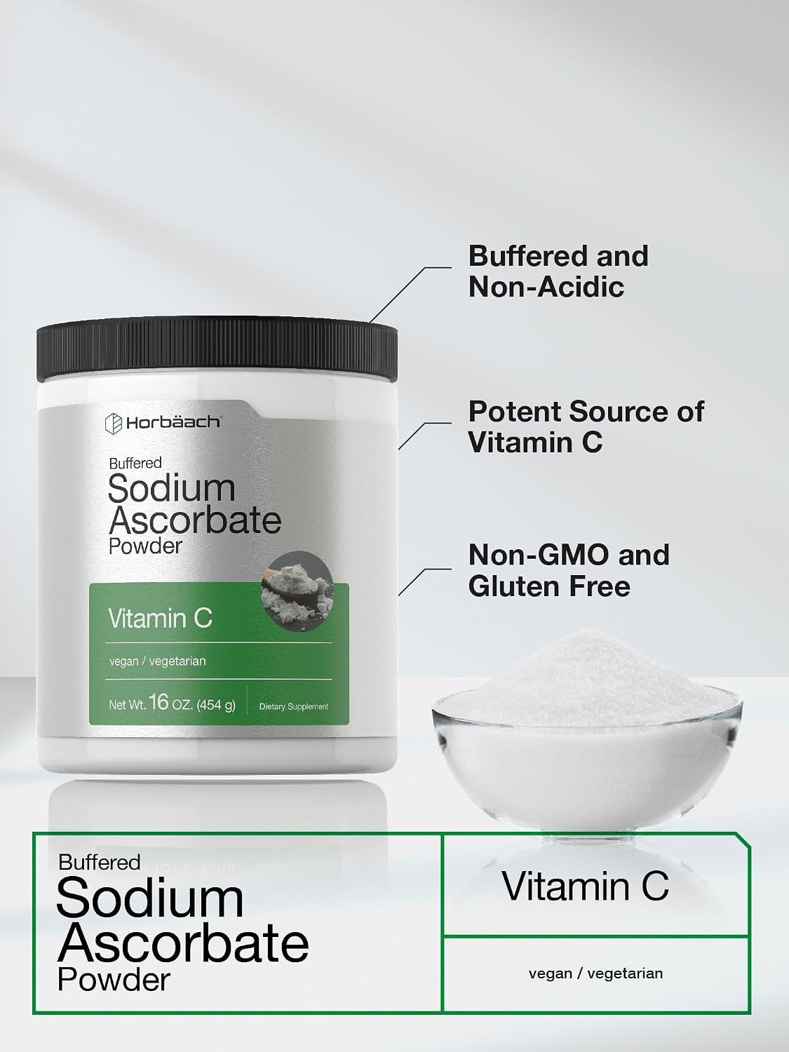 Horbäach Buffered Sodium Ascorbate Vitamin C Powder | 454 g (16 oz) | Vegano, No-GMO, Sin Gluten