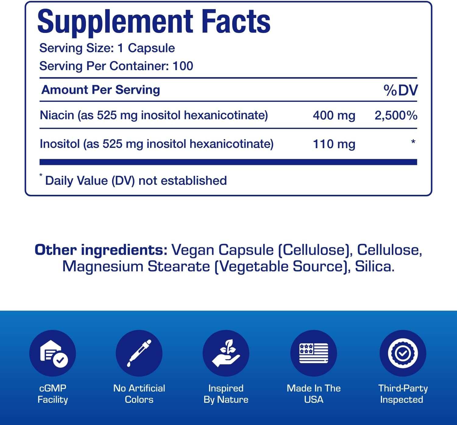Vitamina B3 Niacina Sin Enrojecimiento – Inositol Hexanicotinato – 100 Cápsulas Vegano