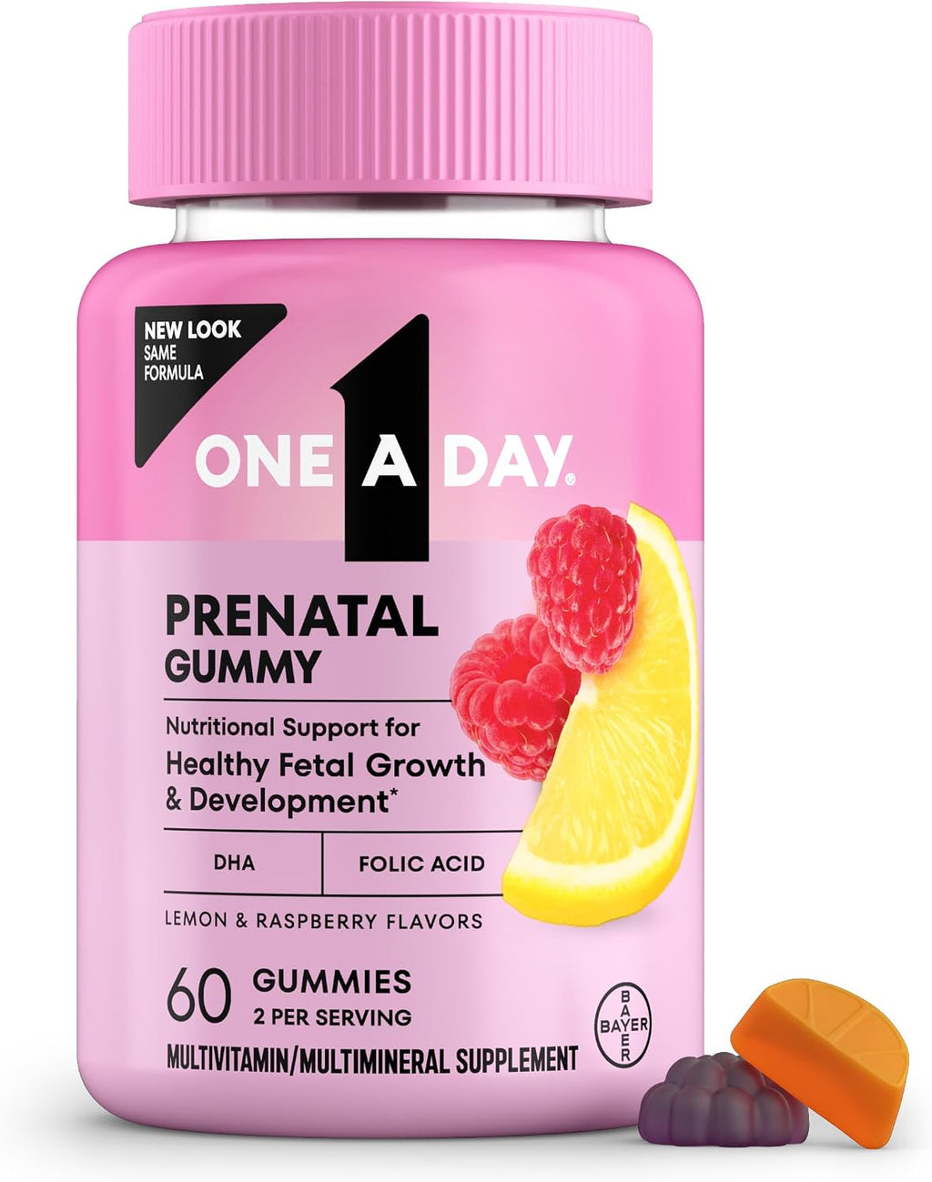 One A Day Vitaminas Prenatales para Mujeres Gominolas - Vitaminas para el Embarazo con Ácido Fólico, DHA, Yodo, Gominolas Prenatales, Sin Hierro, 60 Unidades