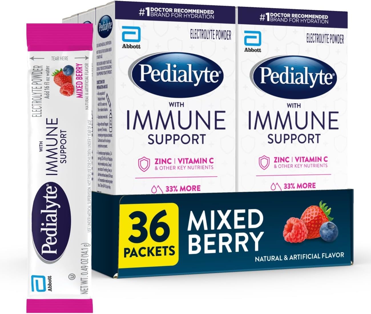 Pedialyte con Apoyo Inmunitario, Polvo para Bebida Electrolítica con Vitamina C y Zinc, Hidratación Avanzada, Paquete Variado: Fruta Punch y Baya Mixta, 24 Sobres de Polvo