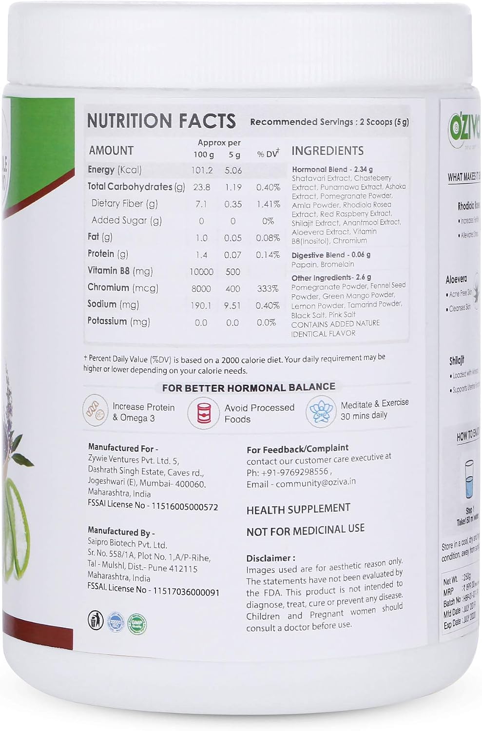 OZIVA HerBalance PCOS - Suplemento a base de plantas para el equilibrio hormonal