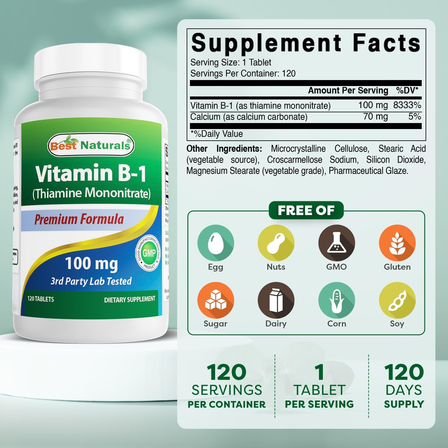 Best Naturals Vitamina B1 (Tiamina Mononitrato) 100 mg, 120 Tabletas (Pack de 3)