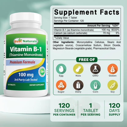 Best Naturals Vitamina B1 (Tiamina – 120 tabletas por botella, pack de 3 (total 360 tabletas) – Image 2