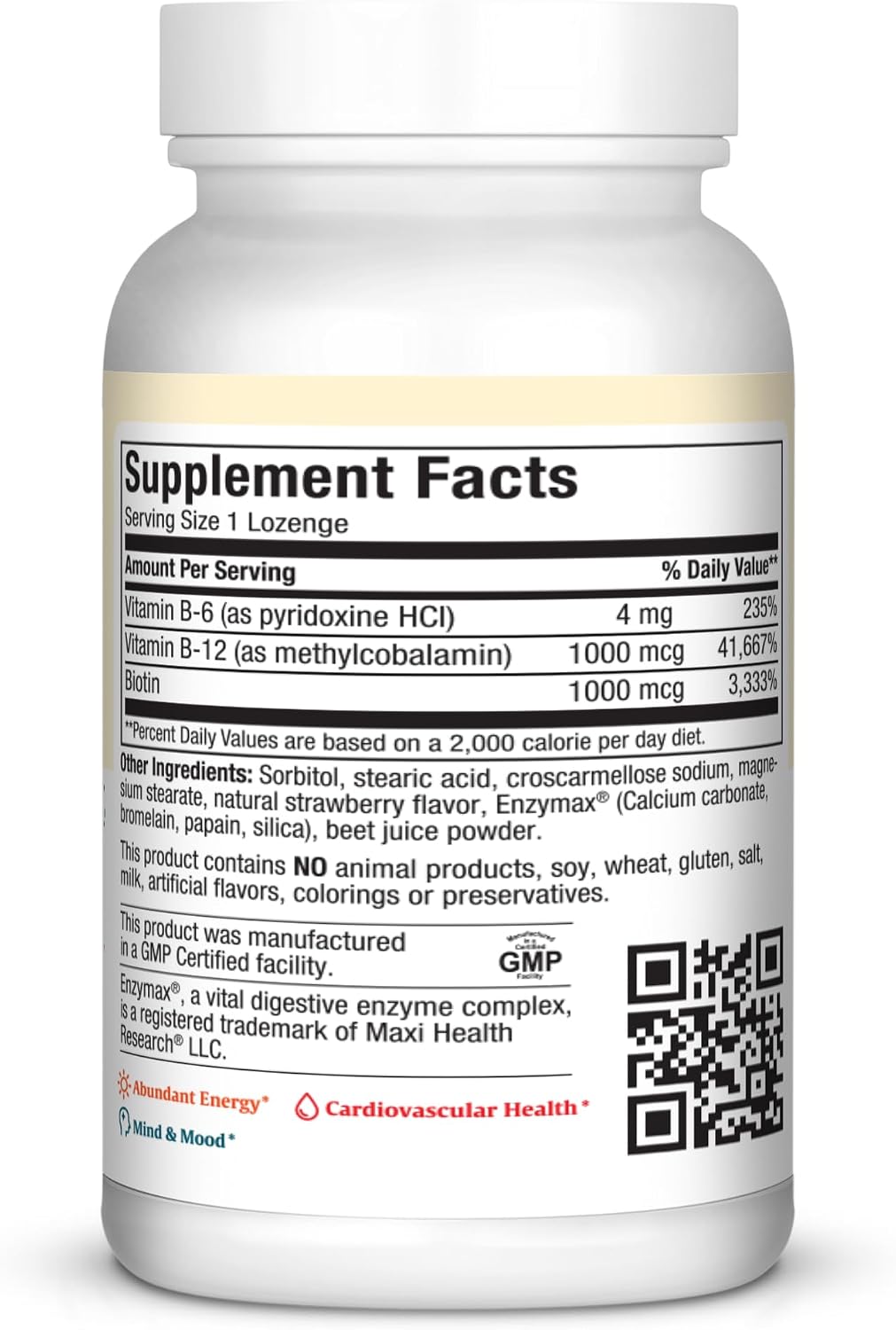 Maxi Health Triple B Lozenges - Vitamina B12, B6 y Biotina - Sabor Fresa - 90 Comprimidos Masticables - Kosher