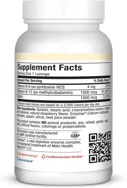Maxi Health Triple B Lozenges - Vitamina B12, B6 y Biotina - Sabor Fresa - 90 Comprimidos Masticables - Kosher – Image 2