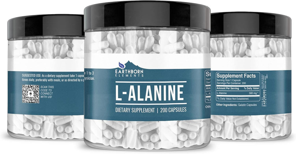 Earthborn Elements L-Alanina 200 Cápsulas, Puro y sin Diluir, Sin Aditivos