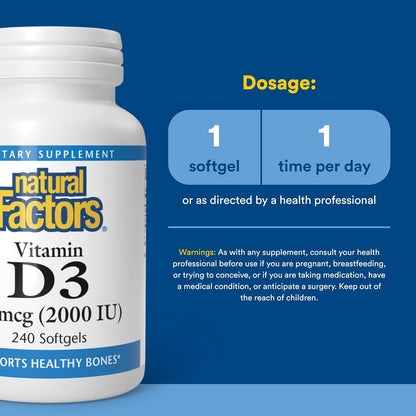 Natural Factors - Vitamina D3 2000 UI, 240 – Salud ósea: Contribuye al mantenimiento de los huesos en condiciones – Image 3