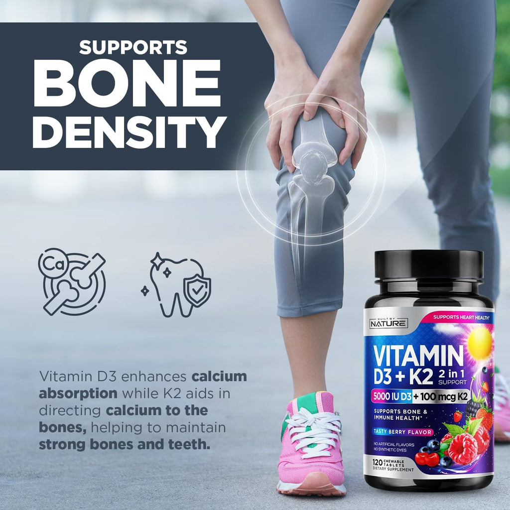 Vitamina D3 K2 Masticable, 5000 UI y K2 MK-7 100 mcg, 120 Comprimidos | Sabor a Bayas