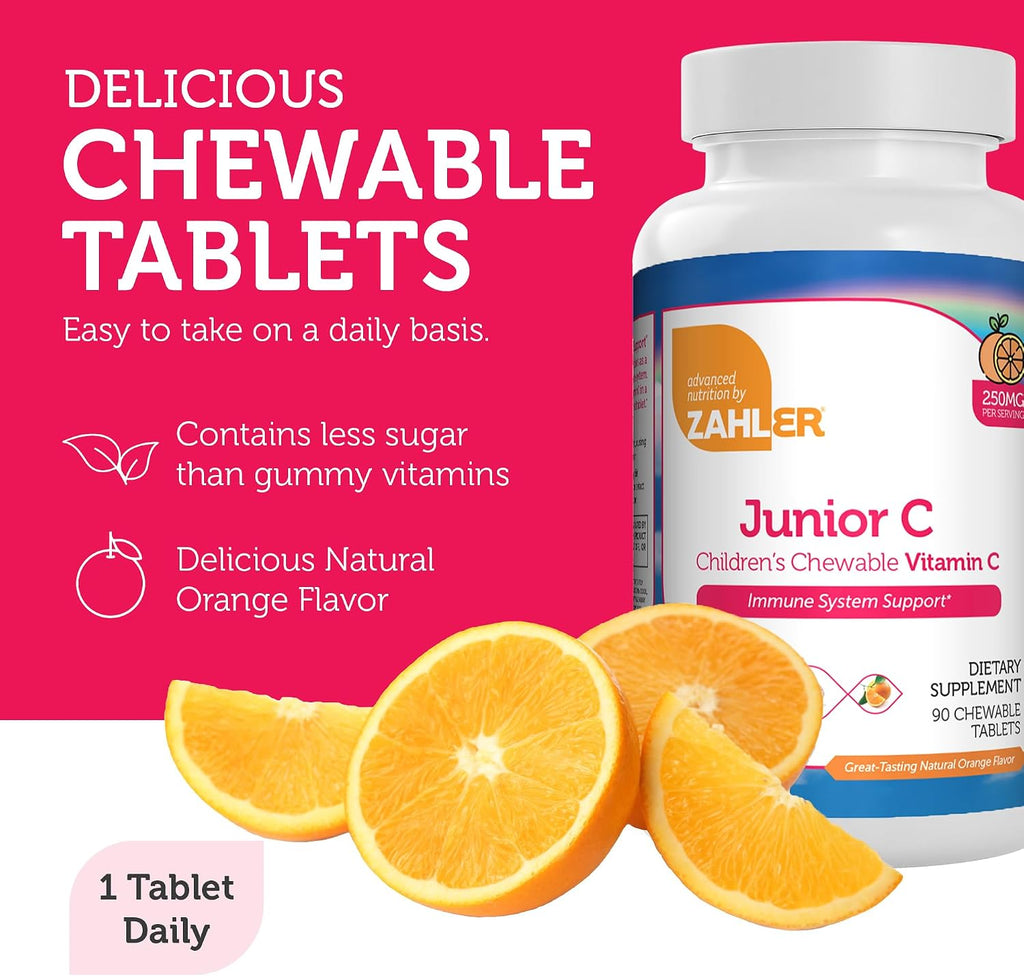 Zahler Junior C - Vitamina C Masticable Avanzada para Niños - Sabor Naranja Delicioso - 90 Comprimidos