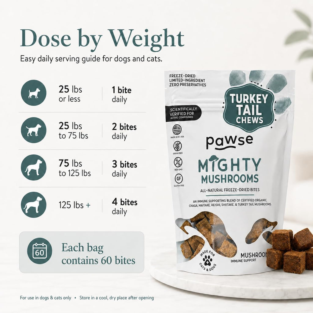 Pawse Mighty Mushroom Chews Supplement for Dogs & Cats | Blend of Turkey Tail, Reishi, Chaga, Maitake & Shiitake | for Immune System, Lumps & Bumps, Gut Health & Skin Support | 60 Chews