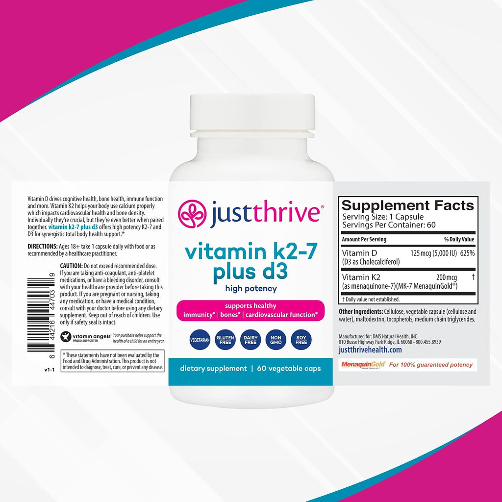 Just Thrive Vitamina K2 MK-7 Más D3 - Suplemento para la Inmunidad, Corazón y Huesos, 60 Cápsulas Vegetales