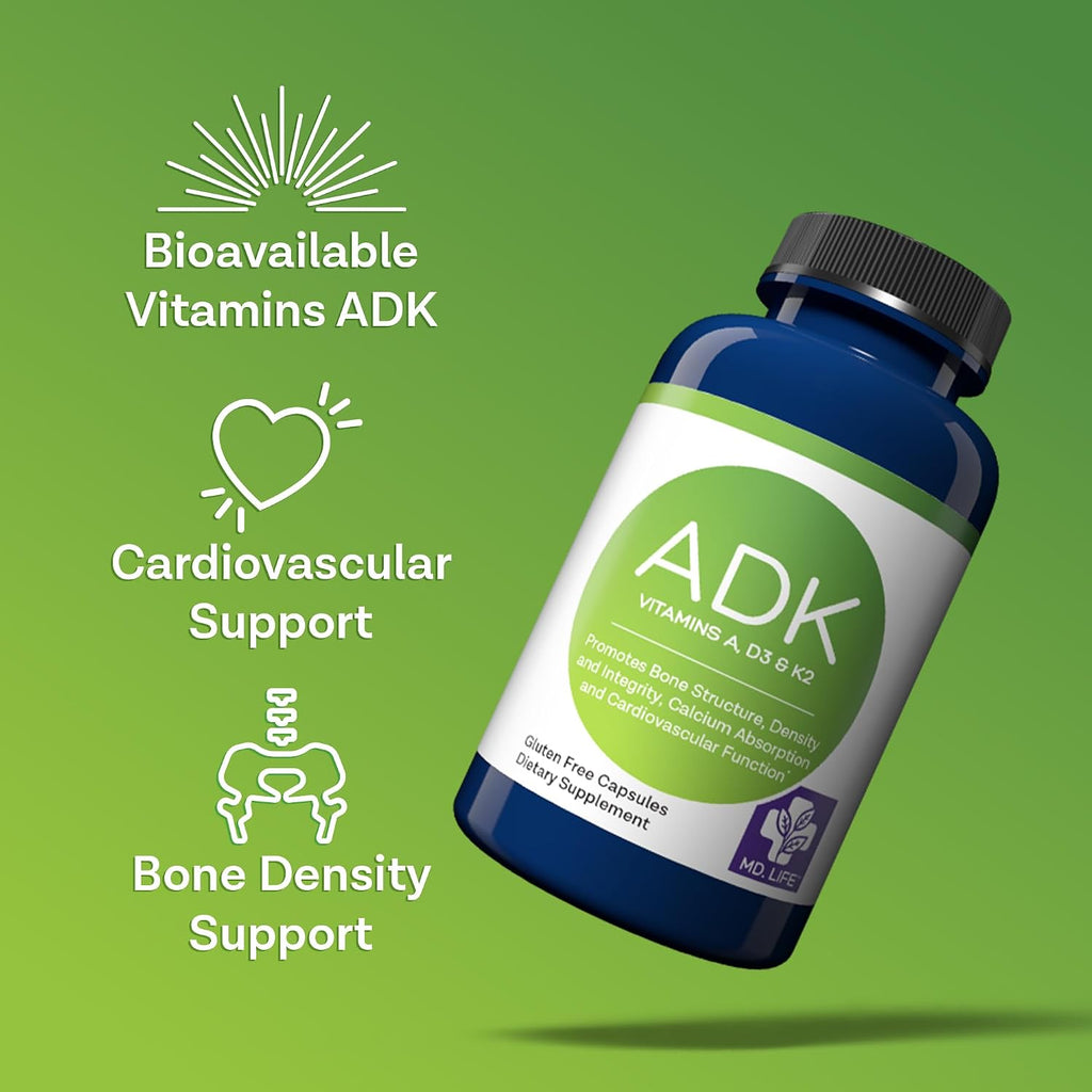 MD.LIFE A D K Vitamin Supplement - Vitamina D3, K2 y A - 30 Cápsulas