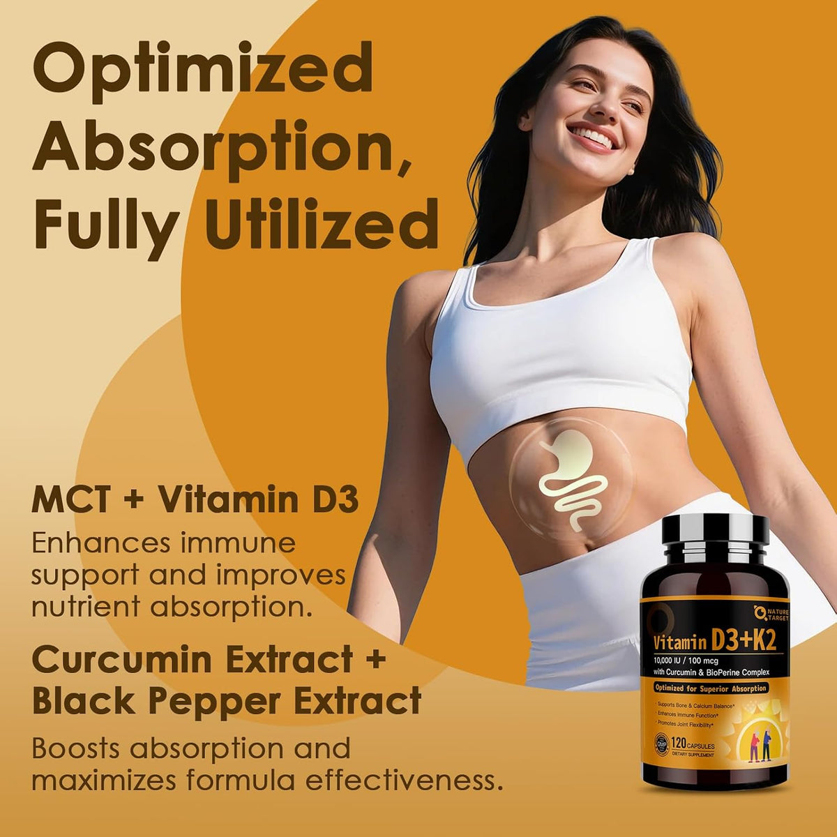 NATURE TARGET Vitamin D3 K2, 10,000 IU D3, 100 mcg K2, 120 Capsules | High-Potency D3 With MCT, for Max Absorption, Supports – Image 5