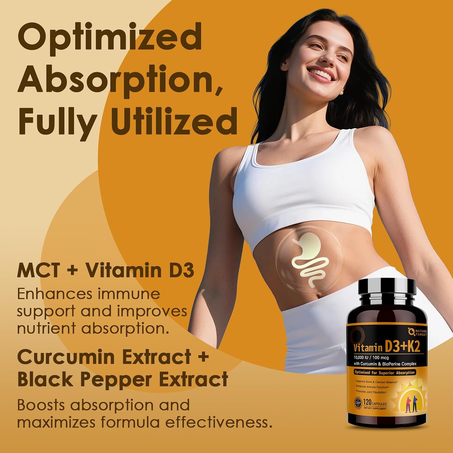 NATURE TARGET Vitamin D3 K2, 10,000 IU D3, 100 mcg K2, 120 Capsules | High-Potency D3 With MCT, for Max Absorption, Supports Bone, Calcium & Immune Health