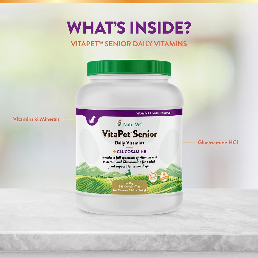 NaturVet VitaPet Senior Vitaminas Diarias para Perros Mayores con Glucosamina - 365 Comprimidos de Liberación Prolongada
