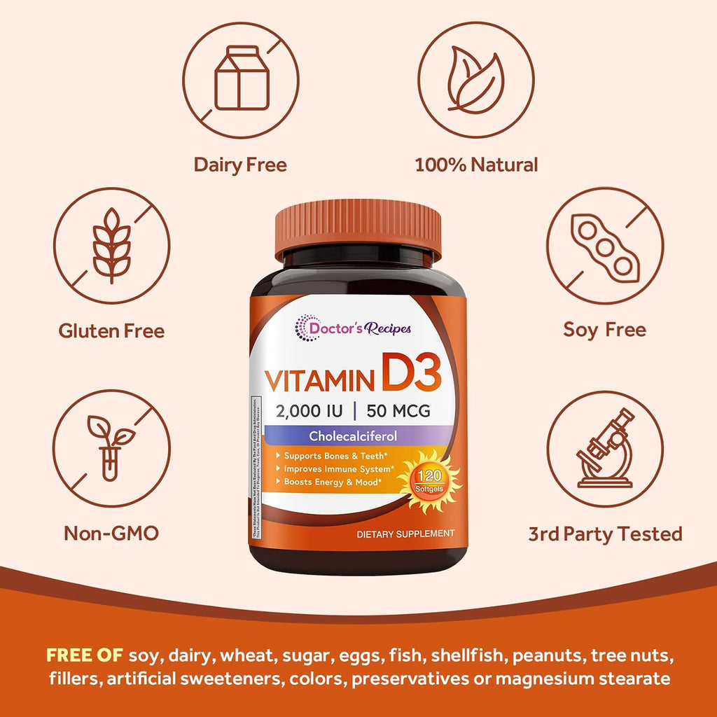 Doctor's Recipes Vitamina D3 2000 IU, Colecalciferol, 120 Cápsulas Blandas