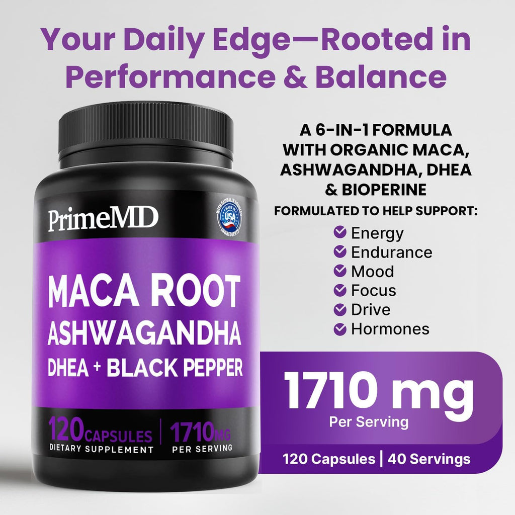 PrimeMD 6 en 1 Maca orgánica, Ashwagandha y DHEA en cápsulas 1710 mg con extracto de pimienta negra - Suplemento de maca negra para hombres y mujeres, 120 cápsulas (Pack de 3)