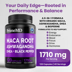 PrimeMD 6 en 1 Maca orgánica, Ashwagandha y DHEA en cápsulas 1710 mg con extracto de pimienta negra - Suplemento de maca negra para hombres y mujeres, 120 cápsulas (Pack de 3)