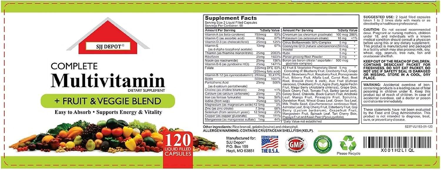 SJJ DEPOT Multivitamínico de Frutas y Verduras, 120 Cápsulas Líquidas
