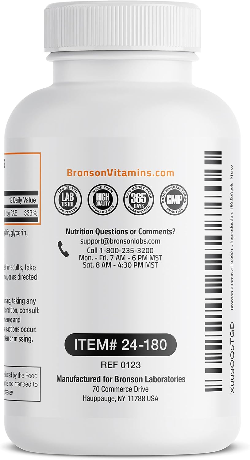 Bronson Vitamina A 10.000 UI - Fórmula Premium No-GMO - 180 Cápsulas Blandas