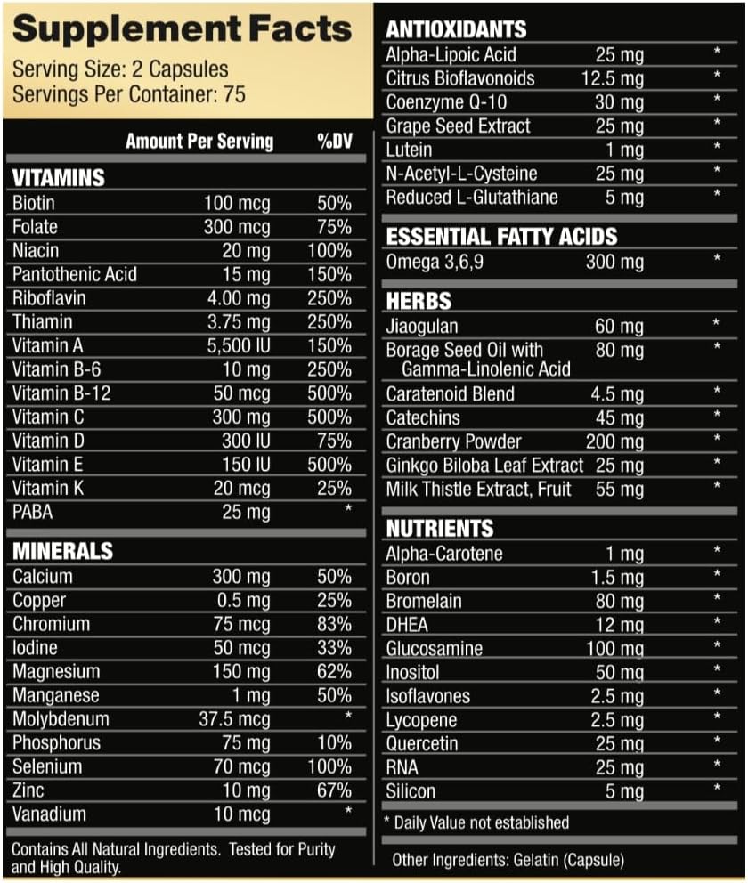 RSN Vita Life Multivitamínico Completo + CoQ-10, EFA, Vegetales y Hierbas, 150 Cápsulas